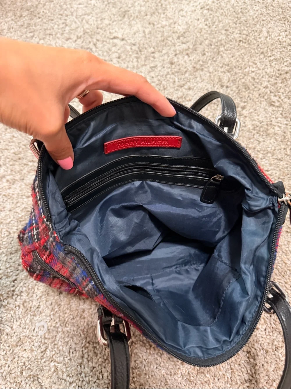 Tommy Hilfiger Red Plaid Shoulder Bag with Black Straps